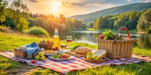 Picnic setup with various food and drinks laid out on a cloth against a scenic nature backdrop