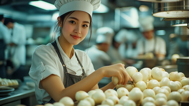 Dedicated young Asian female commis chef focused on her tasks in a professional kitchen, showcasing enthusiasm and skill in cooking