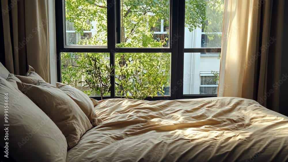 Poster a bed with white pillows and a beige comforter sits near a window with a view of green trees and a w