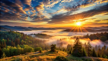 Obraz premium A breathtaking sunrise over a serene wilderness landscape , Sunrise, serenade, awakening, nature, wilderness, landscape, beauty