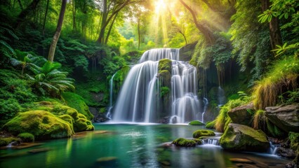 Obraz premium Serene waterfall cascading through lush forest scenery, waterfall, forest, nature, scenic, tranquil, relaxing