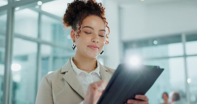 Happy woman, business and writing with tablet for research, online tasks or schedule planning at office. Young female person or employee taking notes with smile on technology for project or feedback