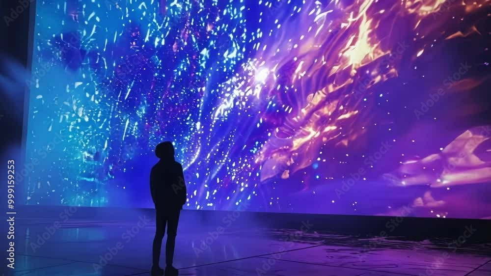 Poster scientist is analyzing a projection of brain activity on a large digital screen, representing the fu