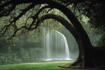 Serene waterfall in lush green forest