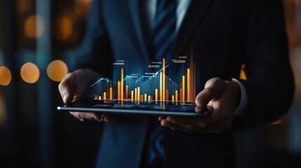 Businessman Holding Tablet with Financial Analytics