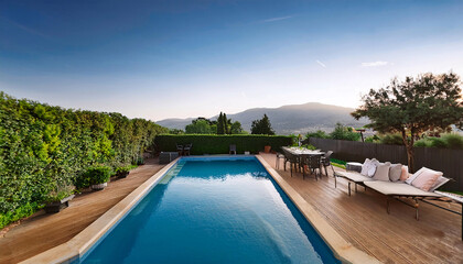 Obraz premium A luxurious outdoor space with a sparkling pool, sun loungers, and breathtaking mountain views