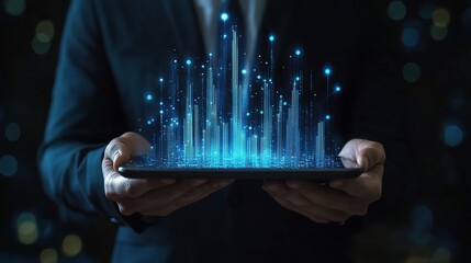 Hands Holding Tablet with Digital Data Visualization