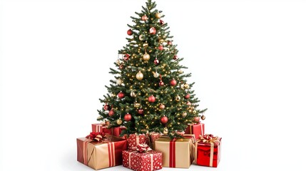 Christmas tree decorated with New Year's gifts, isolated on a white background.