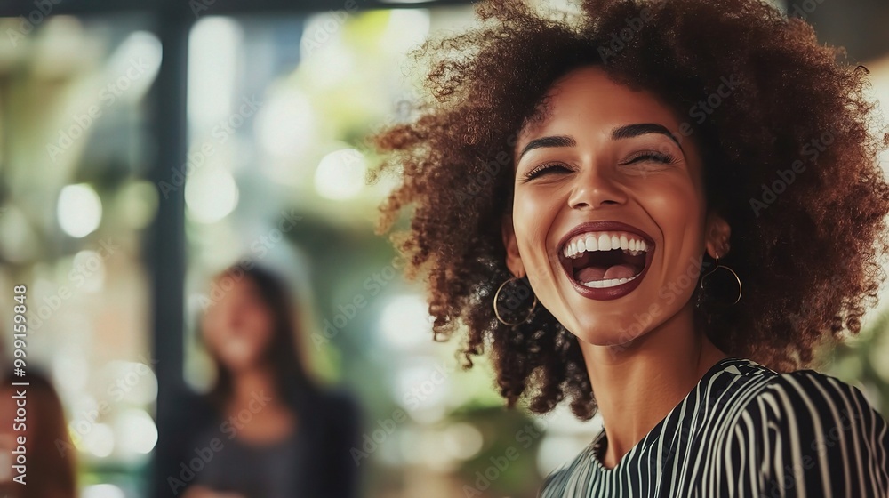 Wall mural Joyful Woman with Curly Hair in Vibrant Setting