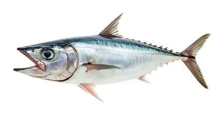 Open-mouthed Atlantic bonito fish. alone against a white backdrop