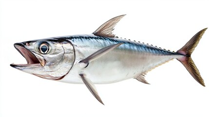 Open-mouthed Atlantic bonito fish. alone against a white backdrop