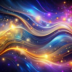 A vibrant, abstract background featuring flowing, wavy lines in deep blues and purples, set against a backdrop of sparkling stars and bright, glowing lights
