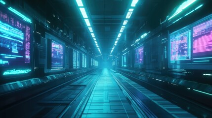 Futuristic data center hallway with glowing neon lights
