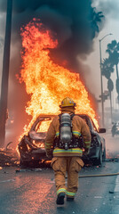 Brave firefighters responding to a car wreck and fire on the highway, showcasing heroism and emergency response