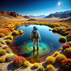 An astronaut explores a unique and vibrant oasis in a desolate landscape, featuring a bright blue lake surrounded by colorful, bushy vegetation