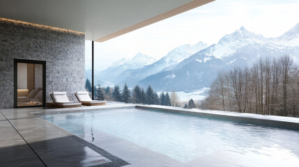 Luxurious indoor pool with panoramic mountain view, featuring modern design, stone walls, and two loungers, offering a serene and relaxing retreat.