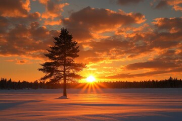 Breathtaking sunset over snowy forest landscape