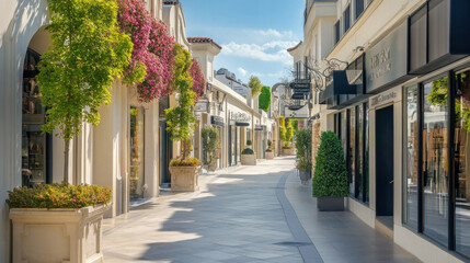 Sunny day in an upscale shopping district with elegant storefronts, lush greenery, and vibrant flowers lining a pedestrian street.