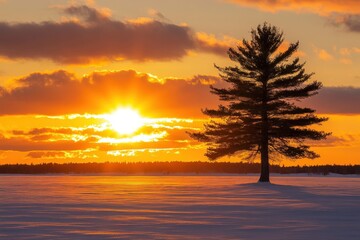 Fototapeta premium Vibrant sunset over a snowy landscape with a lone pine tree