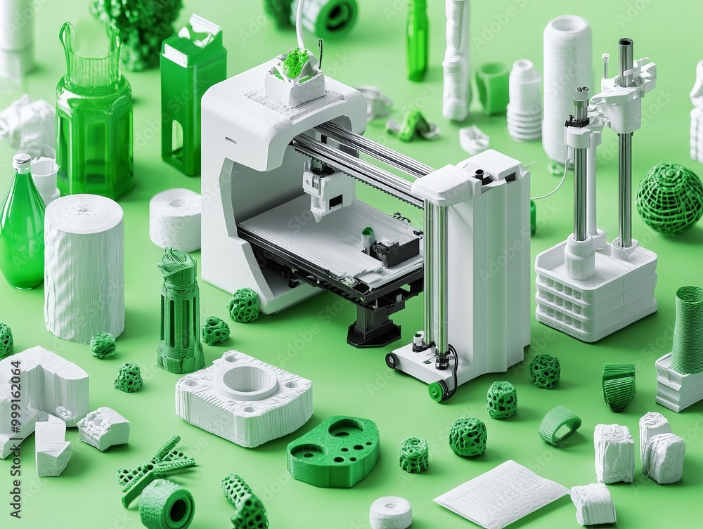 Aufkleber 3d printers producing objects using recycled materials, highlighting the sustainable application of 