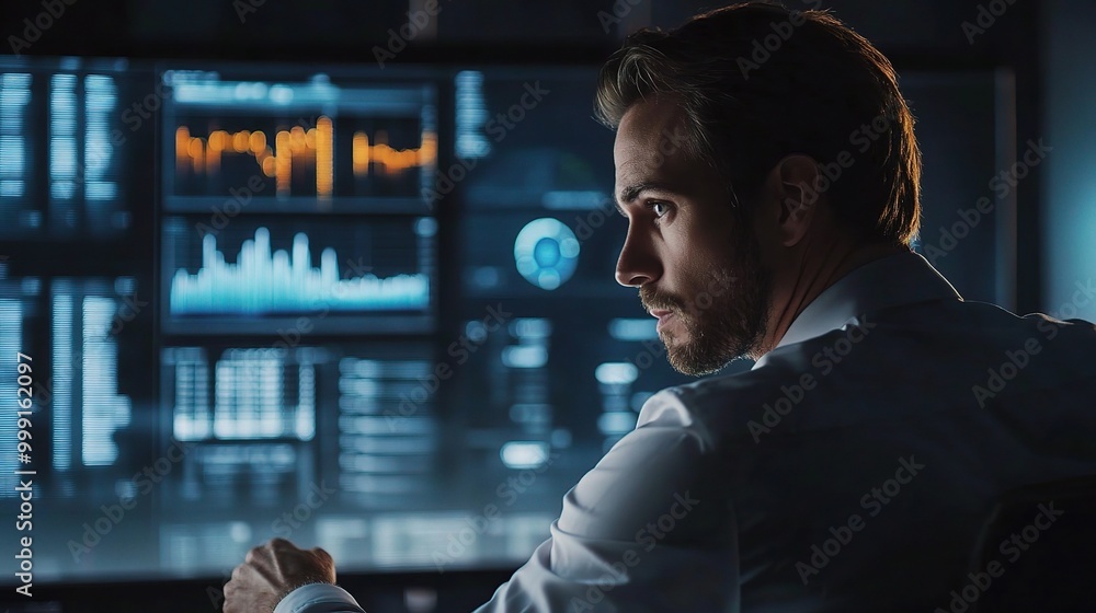 Poster focused professional analyzing data on computer screen