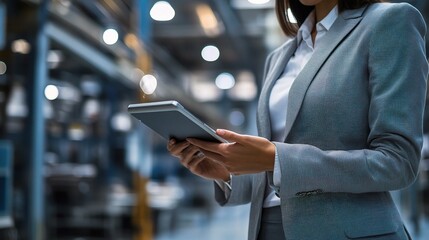 Professional Woman Using Tablet in Industrial Setting