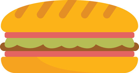 Simple flat vector illustration of a submarine sandwich with meat, vegetables and sauce, lying on its side