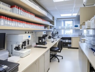 A biology research facility equipped with cutting-edge instruments, where scientists investigate cellular and molecular biology.