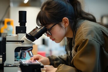 Naklejka premium A biology student analyzing microscope slides, observing cellular structures such as chromosomes during cell division.