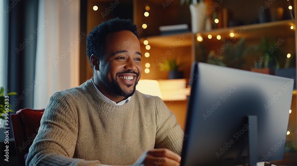 Poster smiling man working at computer in cozy environment