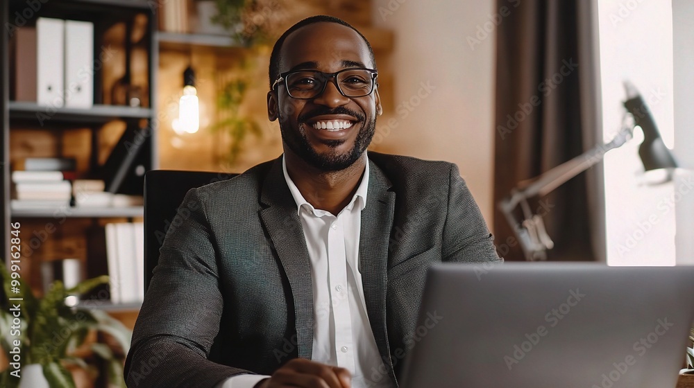 Canvas Prints Professional Smiling Man Working at Desk with Laptop