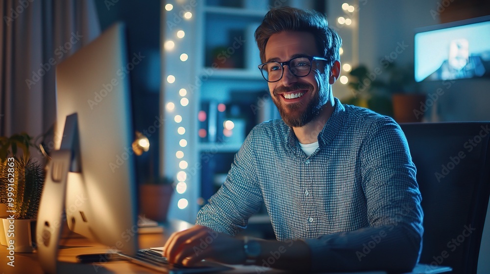 Poster smiling man working late at computer in cozy environment