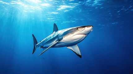 Obraz premium A great white shark swims gracefully in the deep blue ocean, with sunlight streaming through the water, illuminating its powerful body.