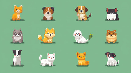playful pet icon pack in pixel art retro style. Pixelated Graphics. Illustration