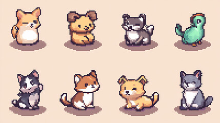 Fototapeta premium playful pet icon pack in pixel art retro style. Pixelated Graphics. Illustration