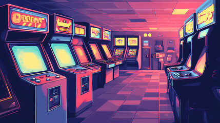 A arcade game theme with pixelated graphics and bright colors. Pixelated Graphics. Illustration