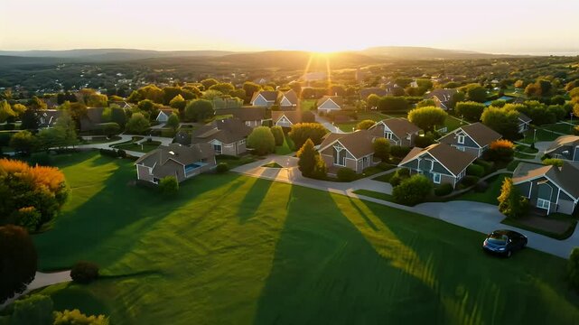 Take serene aerial beautiful green suburb sunset capturing tranquility residential life drone shot AgourHills reveals American homes nestled quiet neighborhood beautifully illuminated golden