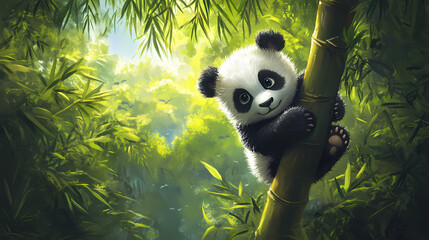 Obraz premium A curious baby panda climbing a tree in a lush bamboo forest. Bamboo Forest. Illustration
