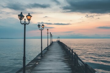 Sunset over a tranquil lake with a long wooden pier and vintage street lamps