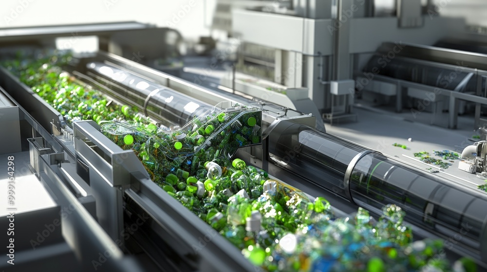 Poster a closed-loop recycling system visualized by the continuous recycling of materials, where waste from