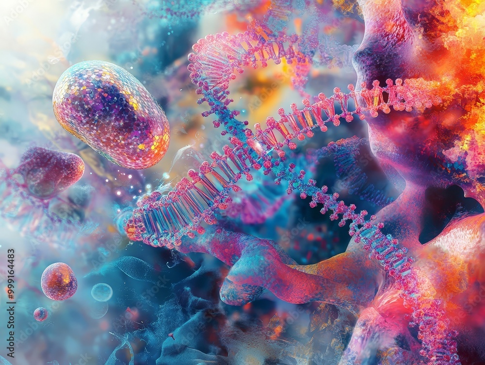 Poster a colorful representation of synthetic biology, showing dna strands being modified to create custom 