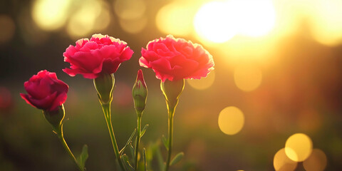 Fototapeta premium Three pink carnations in nature at sunset
