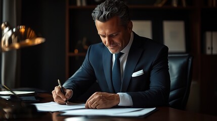 Fototapeta premium Professional Man Signing Documents in Office Setting