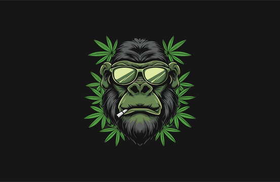 Monkey and cannabis logo style icon design template vector illustration