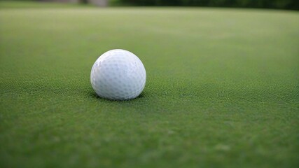 A white golf ball rests on a green grassy surface.