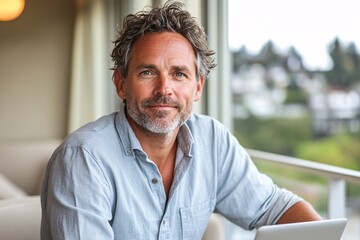 Naklejka premium portrait of a man with laptopin his mid-40s sitting at home on the balcony with a laptop, looking happy and confident as he works from home online. He has salt-and-pepper hair styled slightly messy