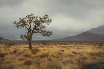 Obraz premium Lone desert tree against moody mountain landscape