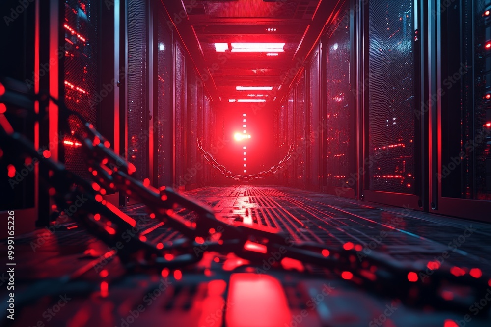 Poster a compromised server room with flashing red lights and breached data flows represented by broken cha