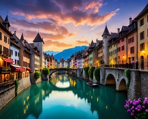 Naklejka premium Annecy old town cityscape and Thiou river view and bridge