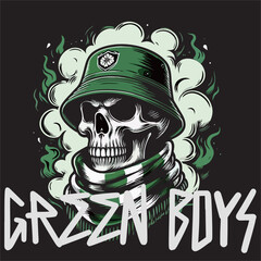 Illustration Vector graphic of Logo Ultras Hooligans Casual skull with bucket hat Green White Color